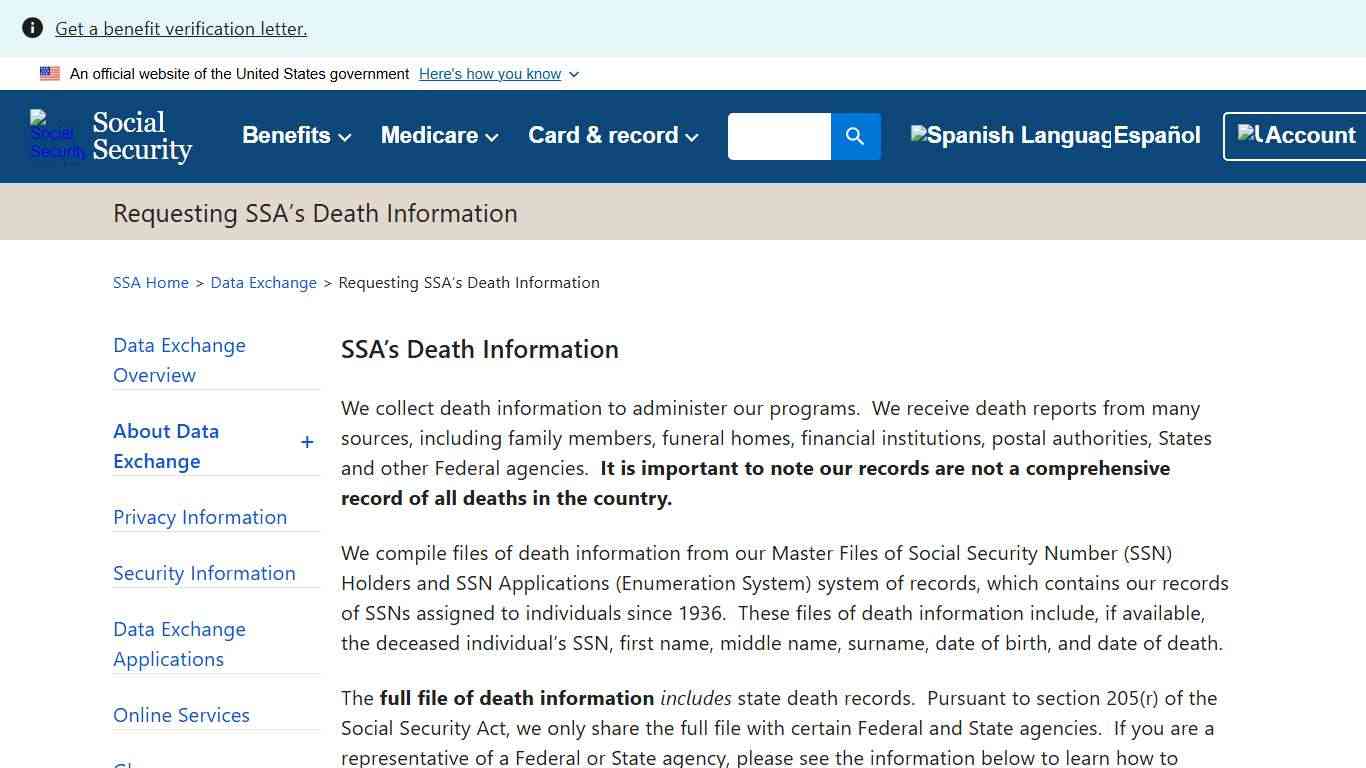 Requesting SSA’s Death Information | Data Exchange | SSA