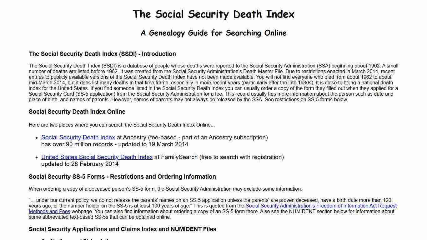 Social Security Death Index - Information for Online Searching