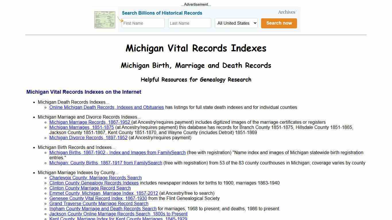 Michigan Vital Records Indexes - Birth, Marriage & Death Records